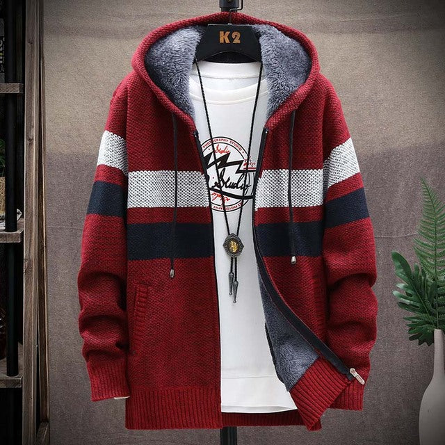 FALIZA Men's Striped Sweater Coat Thick Fleece Warm Zipper Wool Hooded Cardigan Jumpers Men Long Sleeve Knitted Sweaters XY110