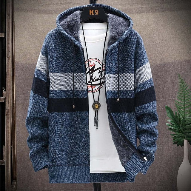 FALIZA Men's Striped Sweater Coat Thick Fleece Warm Zipper Wool Hooded Cardigan Jumpers Men Long Sleeve Knitted Sweaters XY110