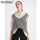 KPYTOMOA Women 2020 Fashion Oversized Houndstooth Knitted Vest Sweater Vintage Sleeveless Side Vents Female Waistcoat Chic Tops