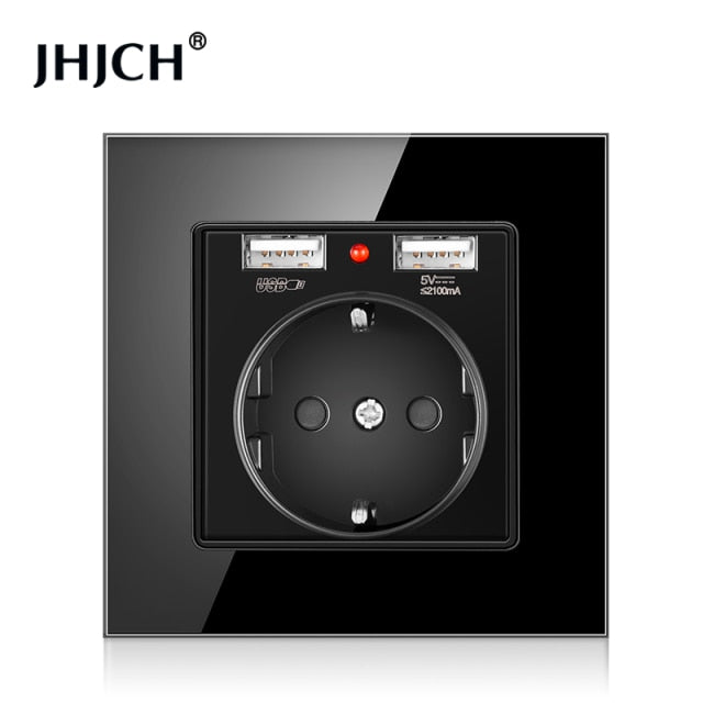JHJCH EU power socket, plug with 2.1a 16A USB charging port, glass panel, Russian Spanish power socket