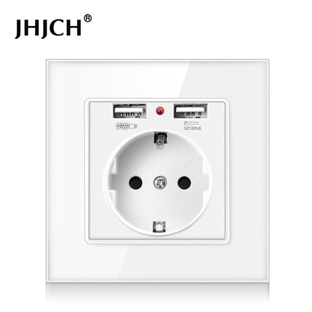 JHJCH EU power socket, plug with 2.1a 16A USB charging port, glass panel, Russian Spanish power socket