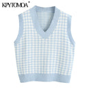 KPYTOMOA Women 2020 Fashion Houndstooth Loose Knitted Vest Sweater V Neck Sleeveless Side Vents Female Waistcoat Chic Tops