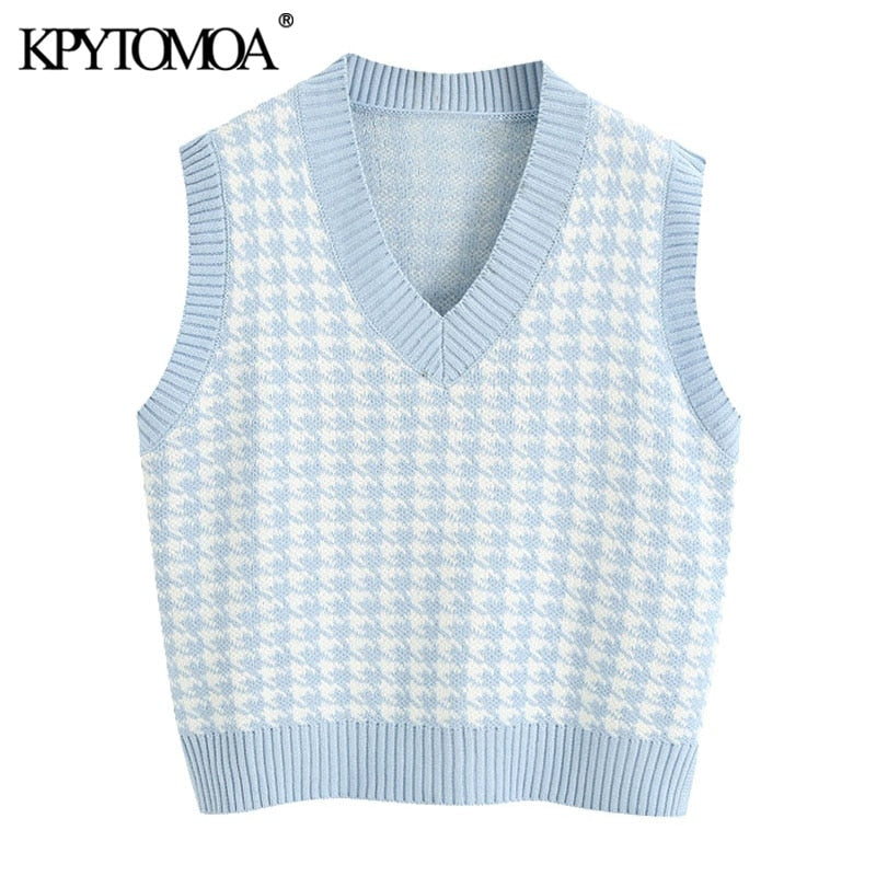 KPYTOMOA Women 2020 Fashion Houndstooth Loose Knitted Vest Sweater V Neck Sleeveless Side Vents Female Waistcoat Chic Tops