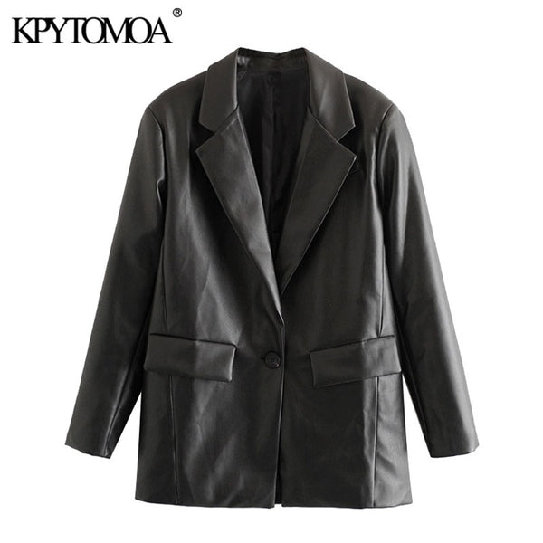 KPYTOMOA Women 2020 Fashion PU Faux Leather Loose Blazer Coat Vintage Pockets Long Sleeve Back Vents Female Outerwear Chic Tops