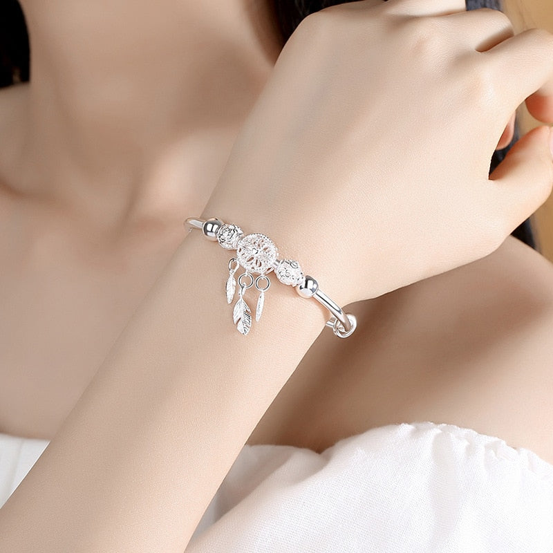 925 Sterling Silver Dreamcatcher Tassel Feather Charm Bracelet &Bangle For Women Fashion Elegant Jewelry Accessories  sl209
