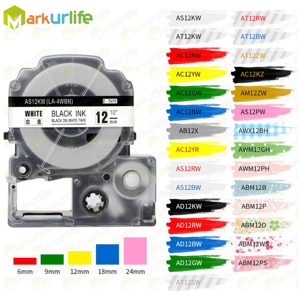 1 PCS Label Tapes SS12KW Compatible for EPSON LW-300 LW-400 LW-600P LW-700 LC-4WBN9 Printer (12mm*8m Black on White) Label Maker