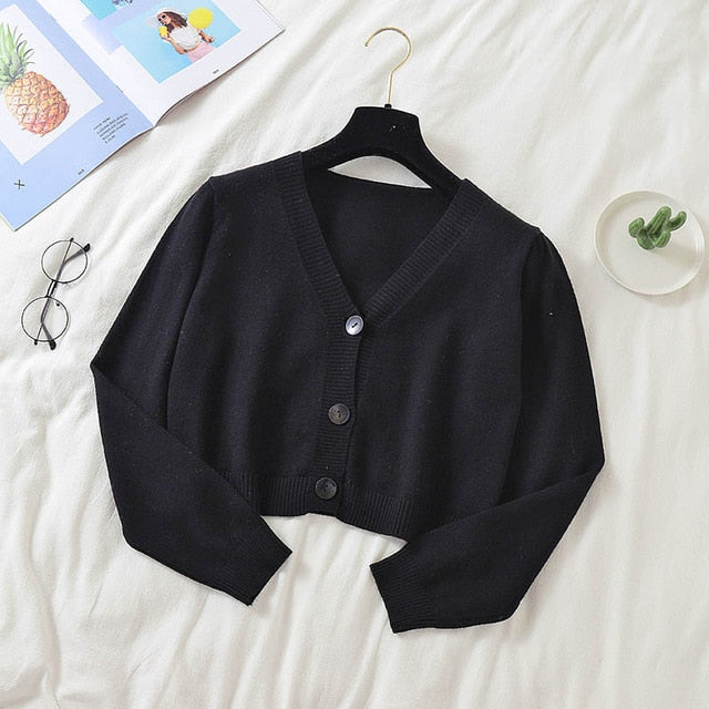 Spring Newly Green Cropped Cardigans Women 2021 Loose Ladies Short Knitted Sweaters Long Sleeve V neck Solid Chic Streetwear