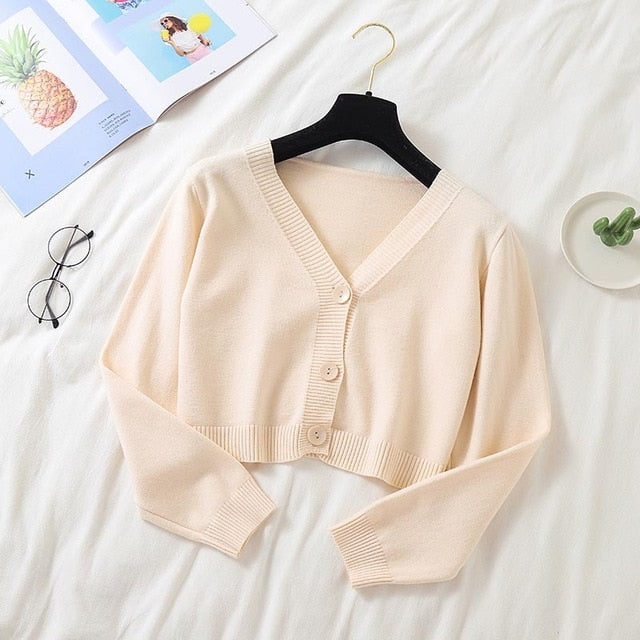 Spring Newly Green Cropped Cardigans Women 2021 Loose Ladies Short Knitted Sweaters Long Sleeve V neck Solid Chic Streetwear