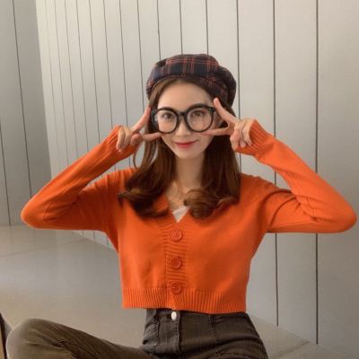 Spring Newly Green Cropped Cardigans Women 2021 Loose Ladies Short Knitted Sweaters Long Sleeve V neck Solid Chic Streetwear