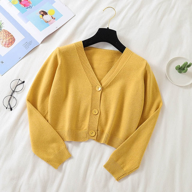 Spring Newly Green Cropped Cardigans Women 2021 Loose Ladies Short Knitted Sweaters Long Sleeve V neck Solid Chic Streetwear