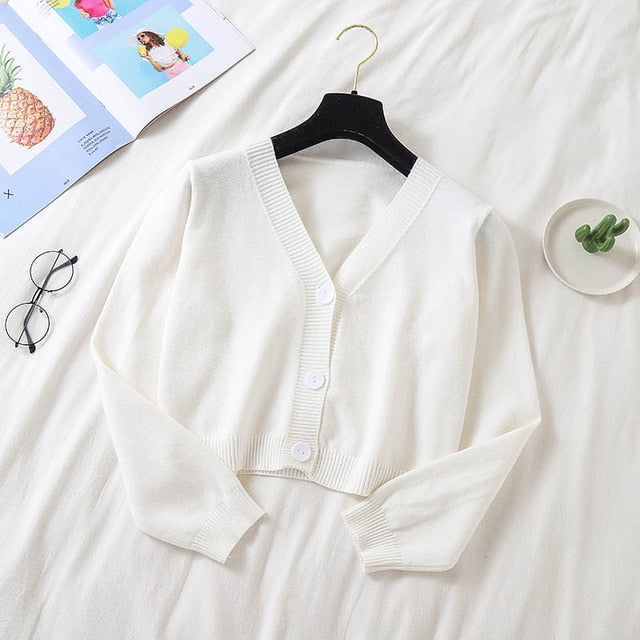 Spring Newly Green Cropped Cardigans Women 2021 Loose Ladies Short Knitted Sweaters Long Sleeve V neck Solid Chic Streetwear