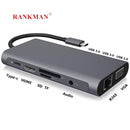 Rankman Type-C to RJ45 Gigabit Lan Ethernet HDMI VGA Adapter SD TF Card Reader USB-C 3.0 Aux for MacBook Samsung Dex Huawei TV