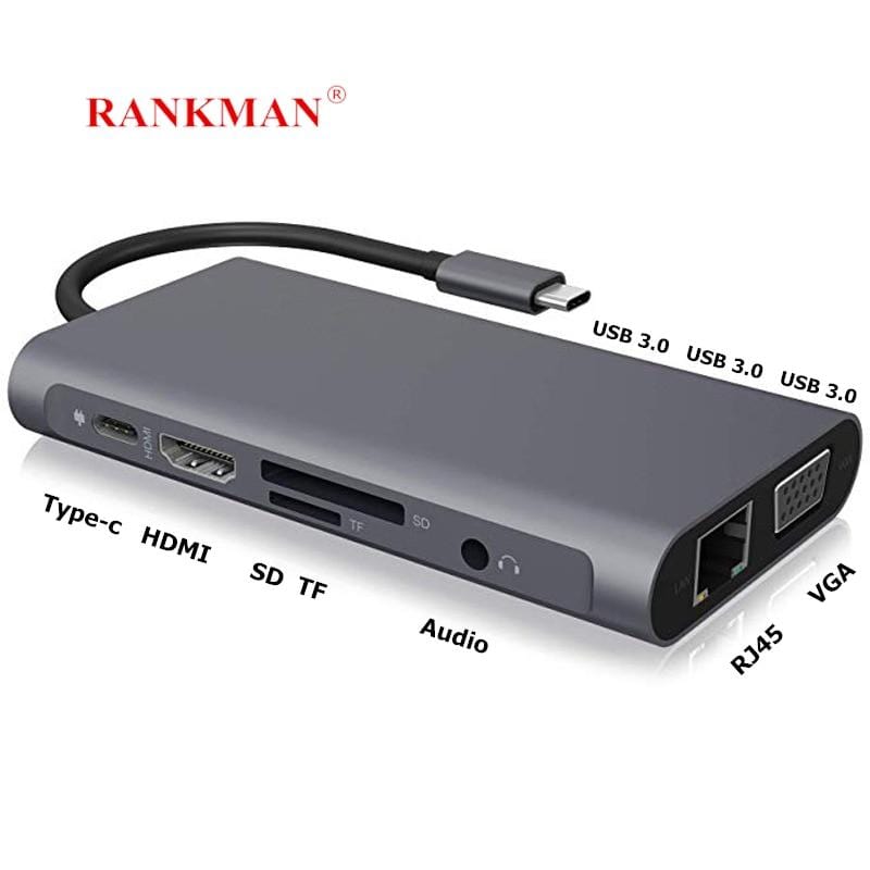 Rankman Type-C to RJ45 Gigabit Lan Ethernet HDMI VGA Adapter SD TF Card Reader USB-C 3.0 Aux for MacBook Samsung Dex Huawei TV