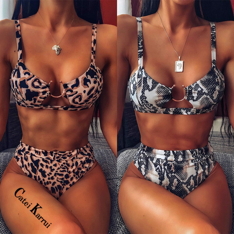Catei Karrui New Women's Swimsuit Brand Design Leopard Print Bikini Split Swimsuit High Quality Sexy Bikini high waist plus size