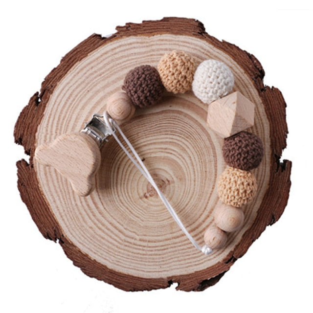 1PC Baby Pacifier Chain Elephant Wooden Clip Geometric Crochet Beads Bag Wood Teether Tiny Rod Dummy Clips Baby Pacifier Holder