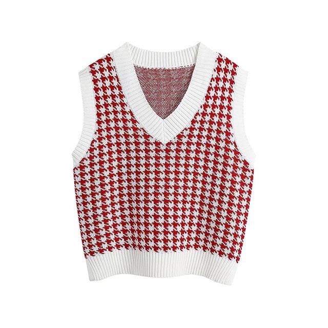 KPYTOMOA Women 2020 Fashion Oversized Houndstooth Knitted Vest Sweater Vintage Sleeveless Side Vents Female Waistcoat Chic Tops