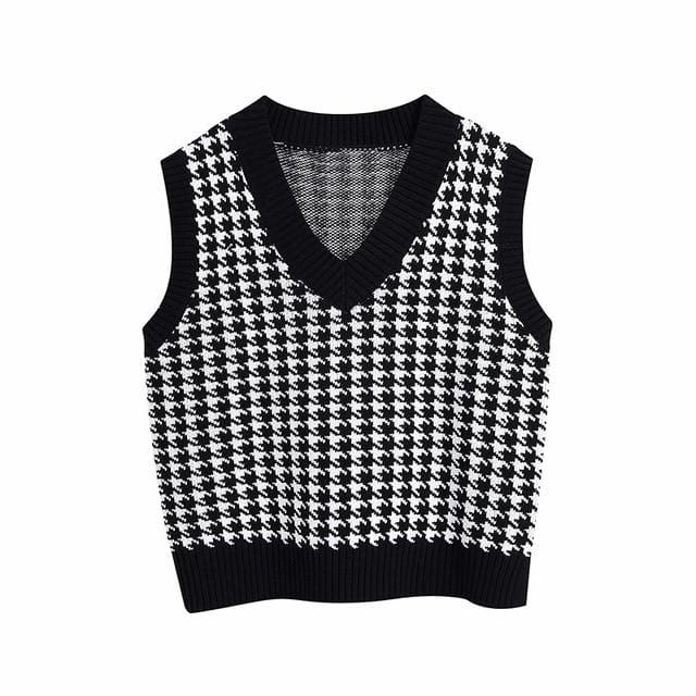 KPYTOMOA Women 2020 Fashion Oversized Houndstooth Knitted Vest Sweater Vintage Sleeveless Side Vents Female Waistcoat Chic Tops
