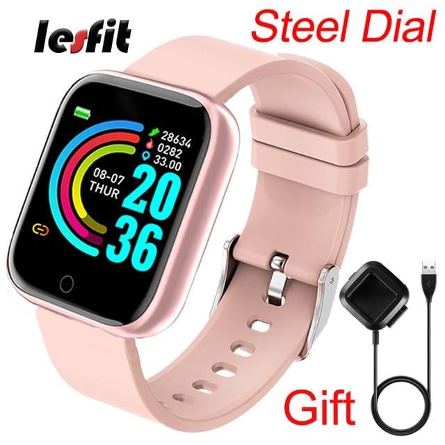 Lesfit Pink Smart Watch Women Men Smartwatch For Android IOS Bluetooth Steel Strap Smart-watch Watch Electronic Fitness Tracker