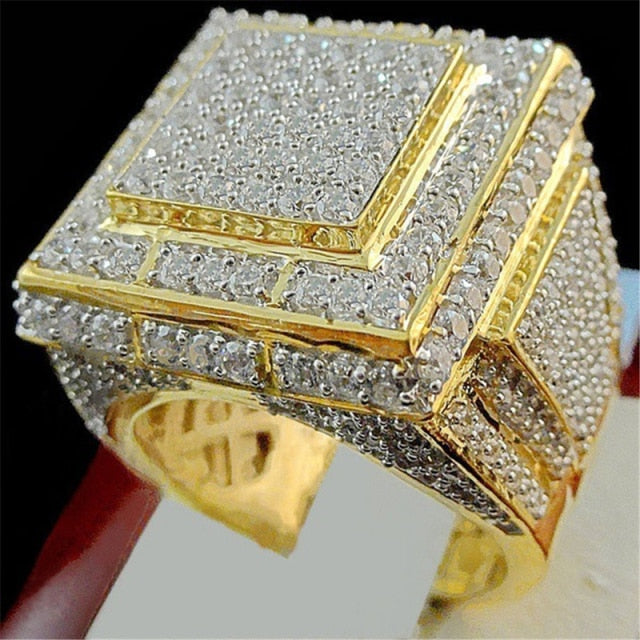 Luxury Male Female Rings Gold Bling Bling Hip Hop Punk Zircon Ring Cuban Link Chain Exaggerated Street Artist Ring For Women Men