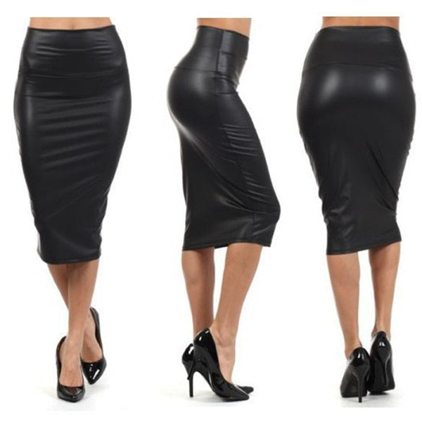 CUHAKCI  Back Split Women Sexy Skirt Black Bodycon Clubwear Skirt High Waist PU Leather Skirt Vintage Long Pencil Skirts