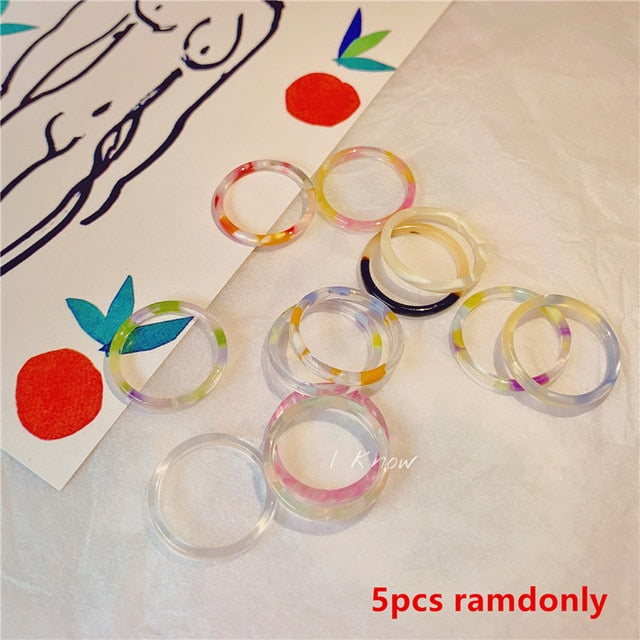 AOMU 1SET Korea Vintage Transparent Resin Colorful Rings Chic Colorful Acrylic Geometric Irregular Ring Set for Women Jewelry