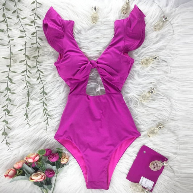 2021 New Sexy Ruffle Print Floral One Piece Swimsuit Off The Shoulder Swimwear Women Solid Deep-V Beachwear Bathing Suit Monkini
