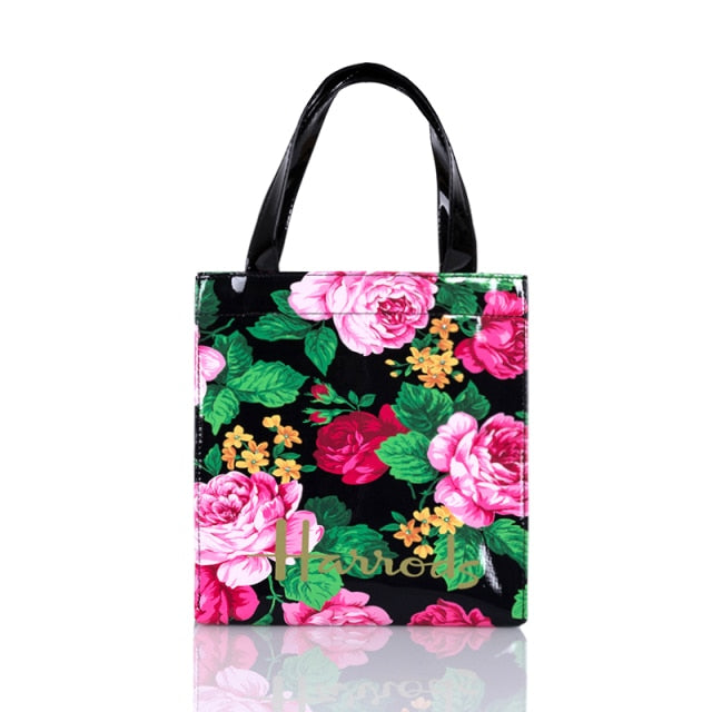 London Style PVC Reusable Shopping Bag Women's Bag Eco Friendly Flower Shopper Bag Waterproof Handbag Lunch Tote Shoulder Bag