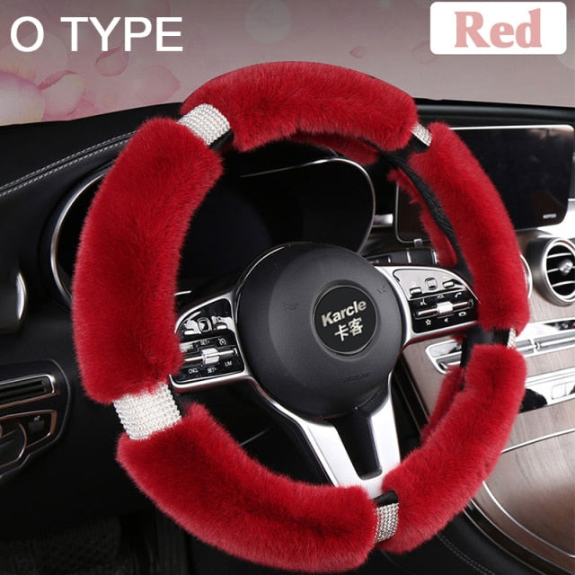 Karcle Fluffy Steering Wheel Cover with Bling Rhinestones Diamond Fur Furry Car Steering Covers Universal 38cm For Women Girl