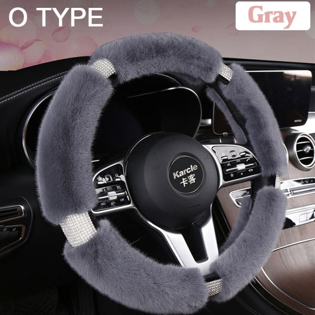 Karcle Fluffy Steering Wheel Cover with Bling Rhinestones Diamond Fur Furry Car Steering Covers Universal 38cm For Women Girl