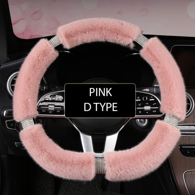 Karcle Fluffy Steering Wheel Cover with Bling Rhinestones Diamond Fur Furry Car Steering Covers Universal 38cm For Women Girl