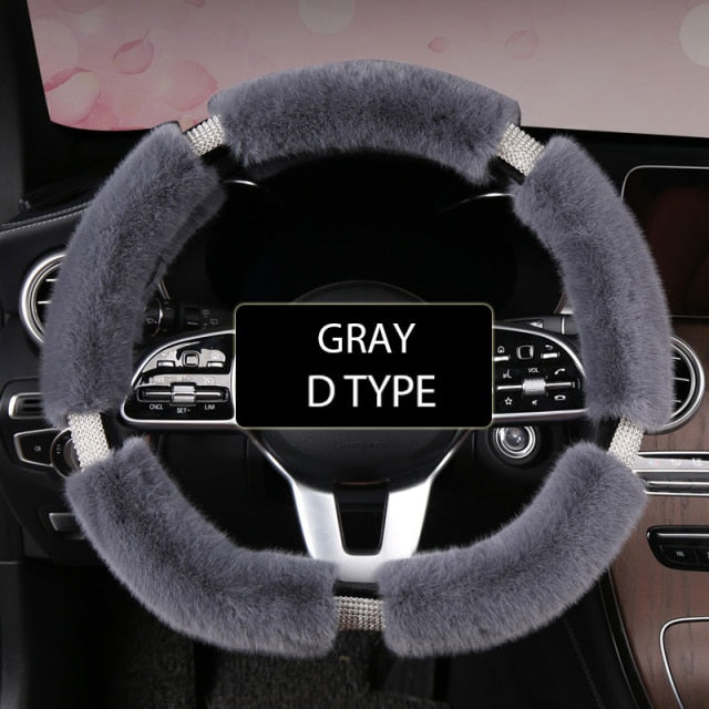 Karcle Fluffy Steering Wheel Cover with Bling Rhinestones Diamond Fur Furry Car Steering Covers Universal 38cm For Women Girl