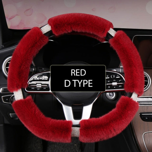 Karcle Fluffy Steering Wheel Cover with Bling Rhinestones Diamond Fur Furry Car Steering Covers Universal 38cm For Women Girl