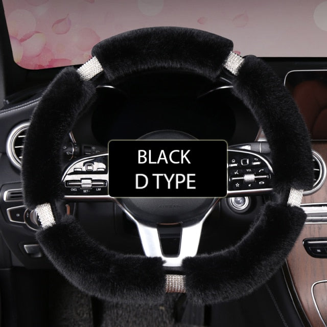 Karcle Fluffy Steering Wheel Cover with Bling Rhinestones Diamond Fur Furry Car Steering Covers Universal 38cm For Women Girl