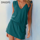 Women Sundress Casual Summer Beach Dress Sexy V Neck Backless Tight Waist Short Dress Boho Sleeveless Loose Dresses Green White