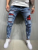 Men's Quilted Embroidered jeans Skinny Jeans Ripped Grid Stretch Denim Pants MAN Elastic Waist Patchwork Jogging Denim Trousers
