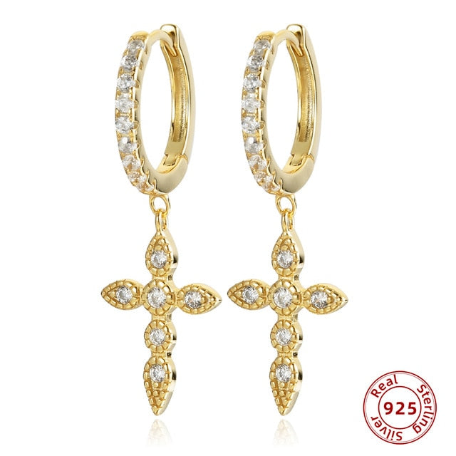 925 Sterling Silver Earrings Gold Color cross Moon Star CZ Zircon Small Circle Huggie Hoop Earrings For Women Fine jewelry