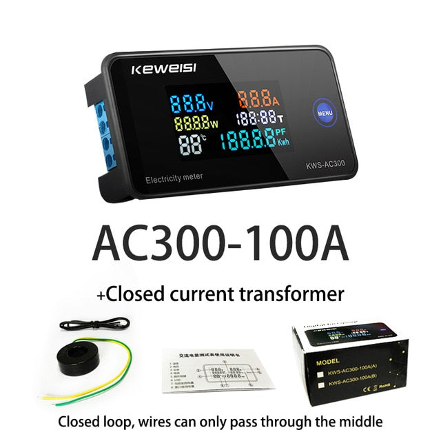 AC 50-300V Voltmeter Ammeter KWS Power Energy Meter LED Digital AC Wattmeter Electric Meter with Reset Function 0-100A
