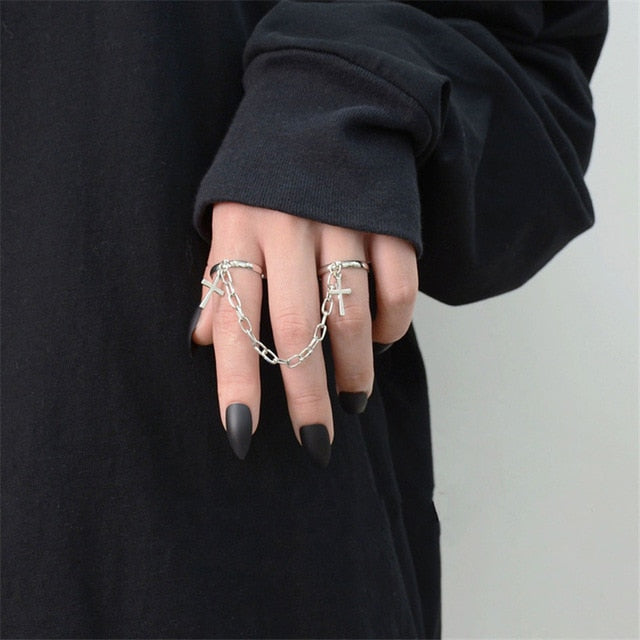 Punk Cool Hip Pop Rings Multi-layer Adjustable Chain Four Open Finger Rings Alloy man Rotate Rings for Women Party Gift