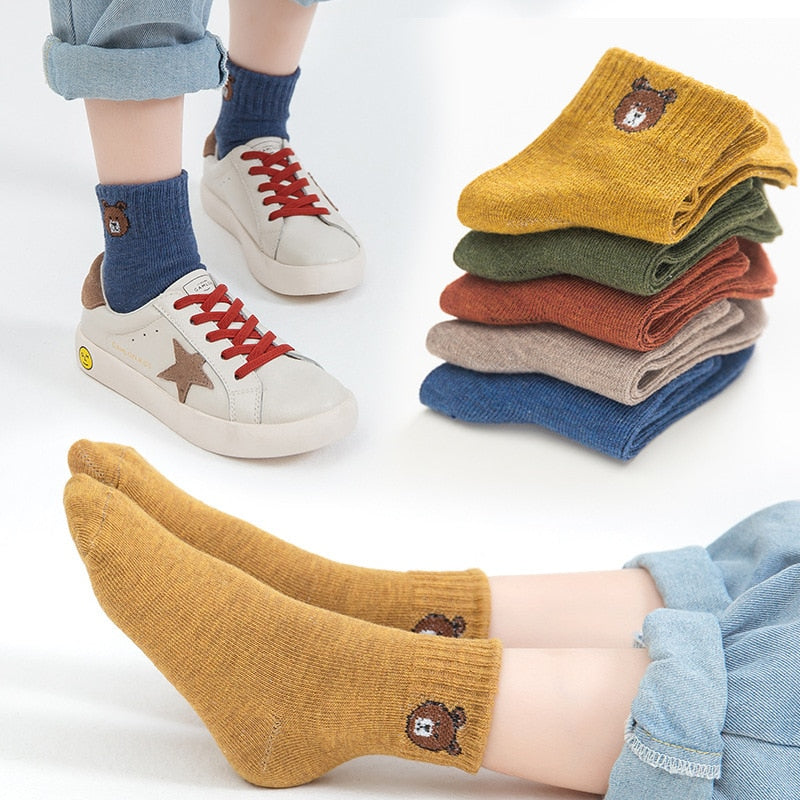 5 Pairs Baby Boys Winter Socks Cartoon Bear Kids Spring Autumn Cotton Breathable Keep Warm Floor Anti-skid Girls Socks
