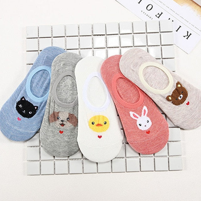 5 Pairs Lot Cotton Women Socks Female Casual Boat 3D Pack Cartoon Harajuku Unicron Cat Cute Invisiable Funny Girl Ankle Sock Set
