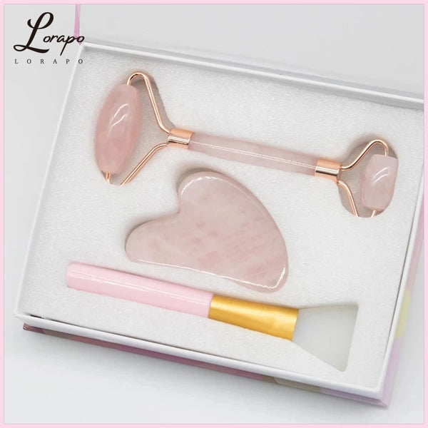 Rose Quartz Roller Face-lifting Massager Natural Jade Facial Massager Roller Slimming Jade Scraping Mask Brush Three-piece Set