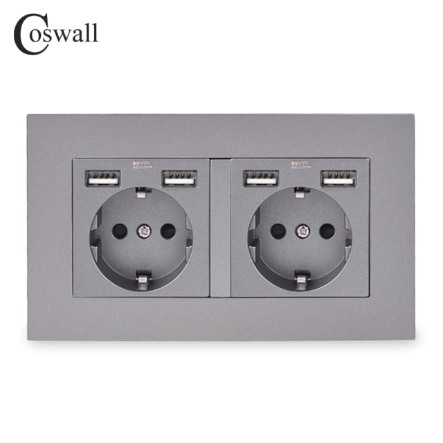 COSWALL Russia Spain EU Standard Wall Socket USB Charge Port Simple PC Panel Black White Grey E20 Series Full Rangle