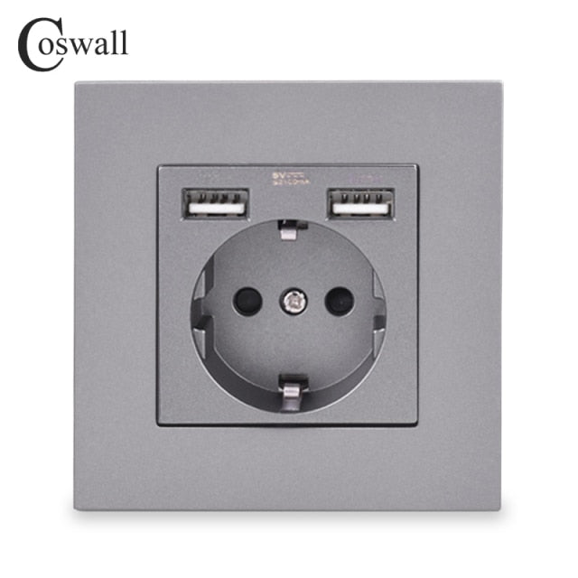 COSWALL Russia Spain EU Standard Wall Socket USB Charge Port Simple PC Panel Black White Grey E20 Series Full Rangle