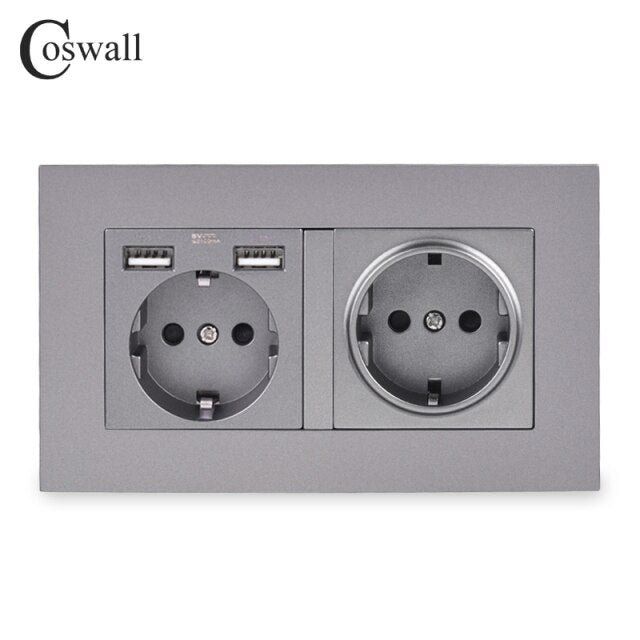 COSWALL Russia Spain EU Standard Wall Socket USB Charge Port Simple PC Panel Black White Grey E20 Series Full Rangle