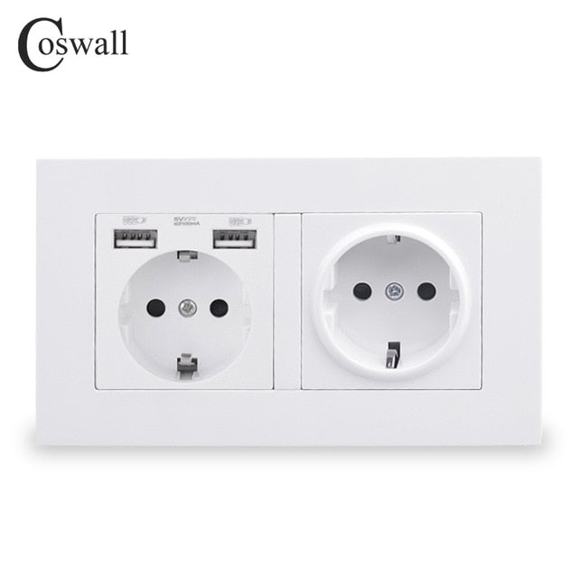 COSWALL Russia Spain EU Standard Wall Socket USB Charge Port Simple PC Panel Black White Grey E20 Series Full Rangle