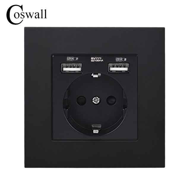 COSWALL Russia Spain EU Standard Wall Socket USB Charge Port Simple PC Panel Black White Grey E20 Series Full Rangle