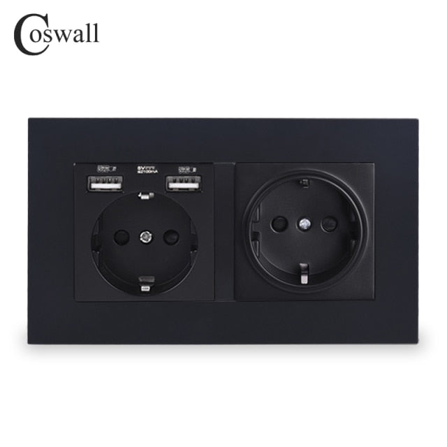 COSWALL Russia Spain EU Standard Wall Socket USB Charge Port Simple PC Panel Black White Grey E20 Series Full Rangle