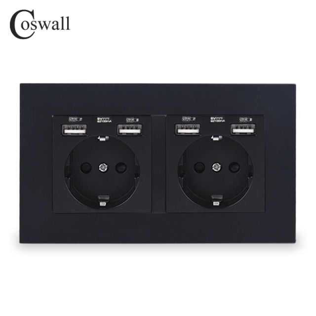 COSWALL Russia Spain EU Standard Wall Socket USB Charge Port Simple PC Panel Black White Grey E20 Series Full Rangle