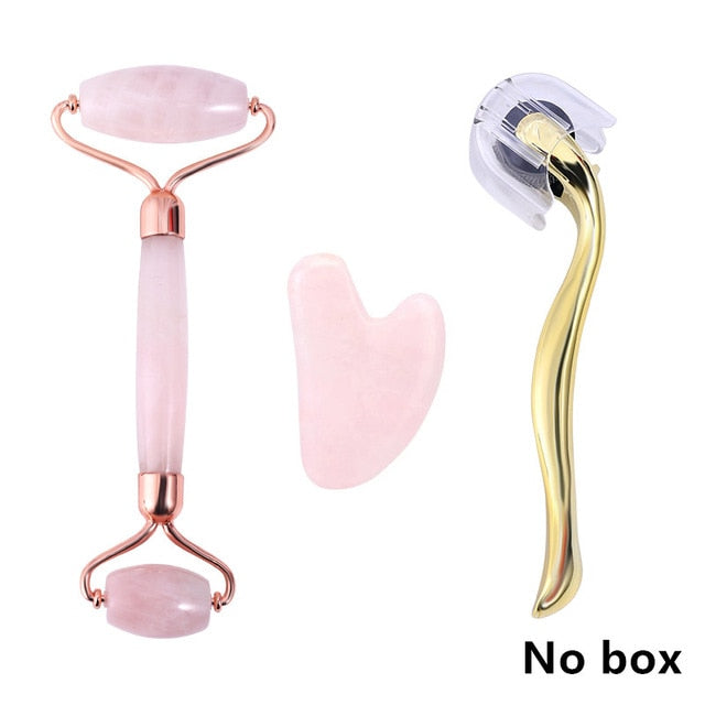 Rose Quartz Roller Massager Tool Natural Stone Facial Massager Jade Roller Microneedle Roller Jade Spatula Skin Care Kit Box