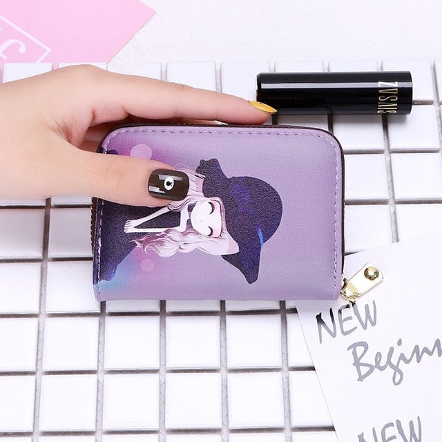 Women Card Holder Wallet PU Leather Female Card Case 9 Bits/10 Bits + 2 Big Position Zipper Card Wallet Cute Characters Card Bag